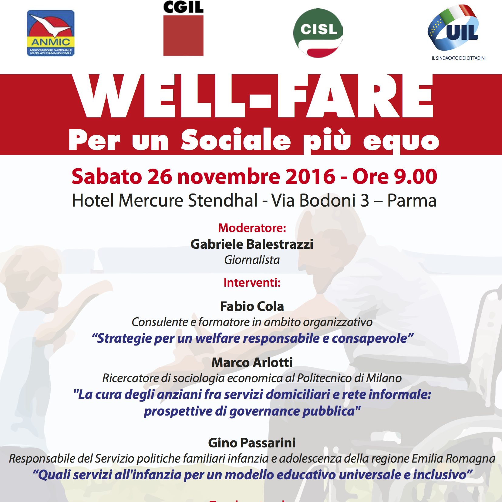 Welfare: convegno di Anmic, Cgil, Cisl e Uil sabato 26 novembre a Parma